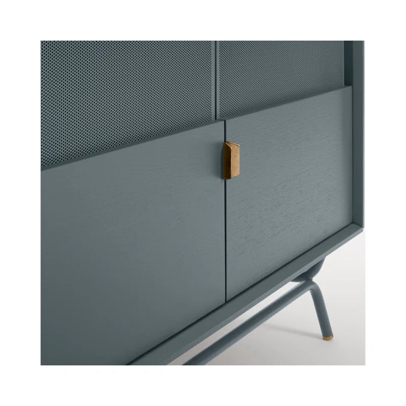 Marine Blue Perforated Steel TV Stand with Brass Details