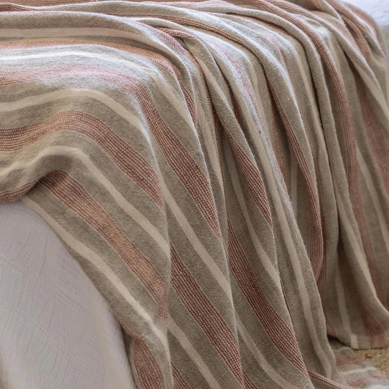 Montecito Terra Cotta and Natural Striped 100% Linen Oversized Throw with Tassels