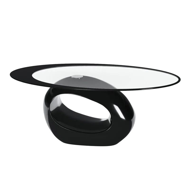 Modern Oval Black Glass Top Coffee Table with Asymmetric Wood Base