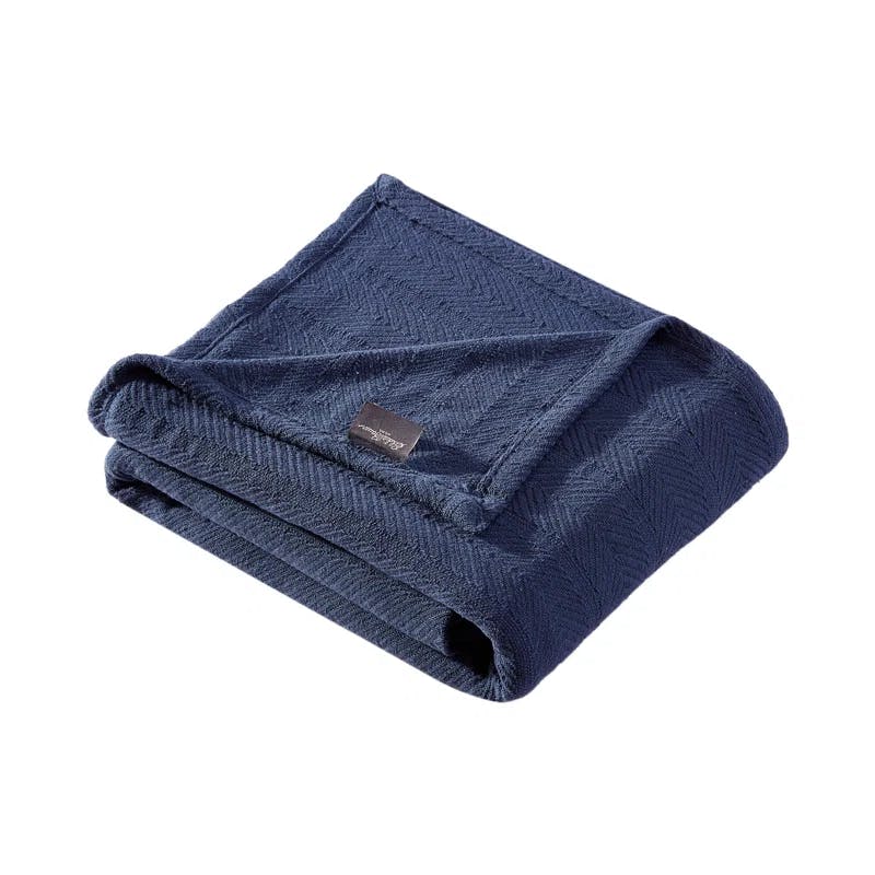 Navy Herringbone Knitted Cotton Twin Blanket - Reversible and Machine Washable