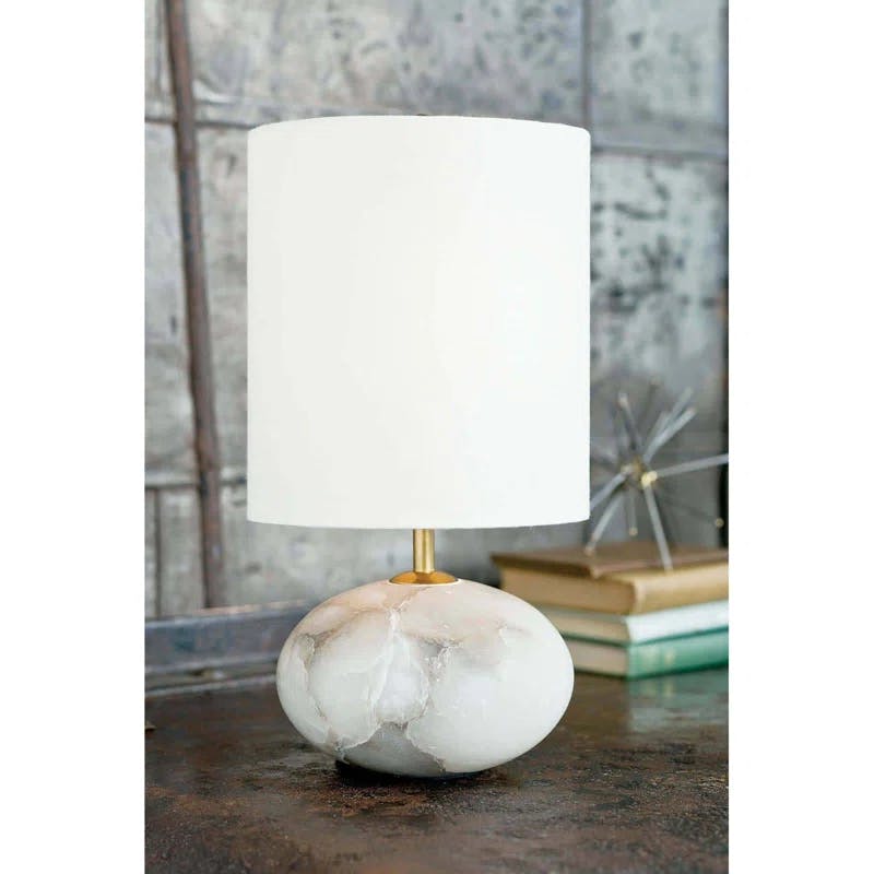 Elegant Alabaster Orb Table Lamp with Linen Shade and Brass Accents