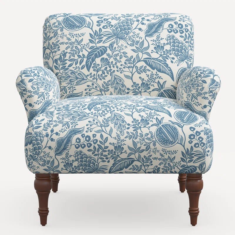 Peacock Blue Pomegranate Linen Blend Rolled Arm Accent Chair