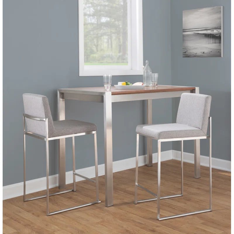 Fuji 31'' Stainless Steel & Grey Fabric High Back Counter Stool - Set of 2