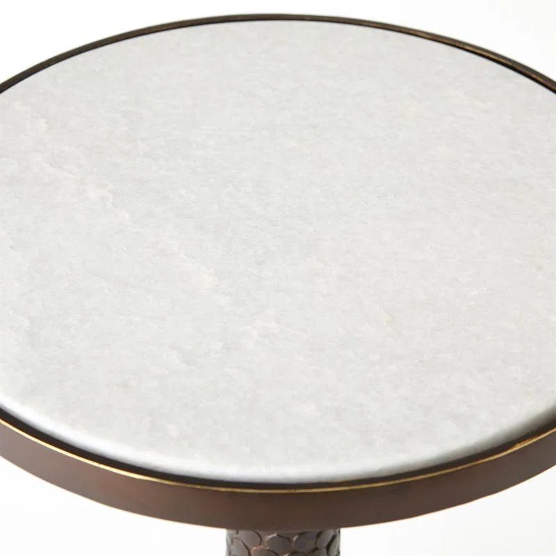 Antique Brass Pebble-Textured Round Martini Table with White Marble Top
