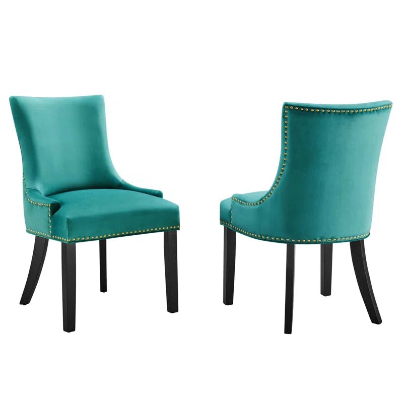 Regal Teal Velvet Upholstered Hourglass Side Chair with Wood Legs