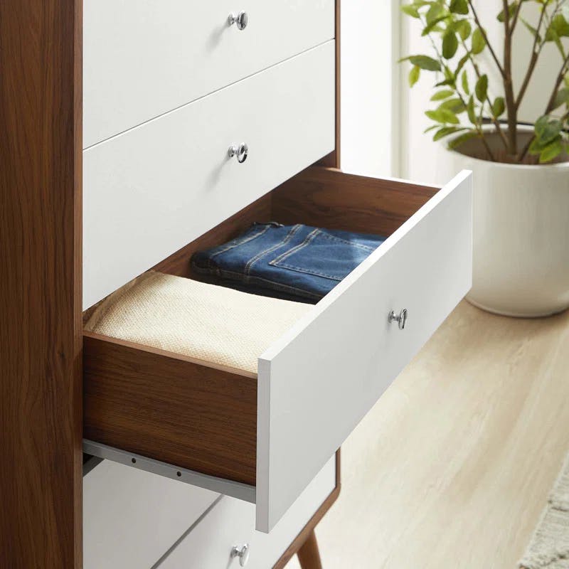Mid-Century White and Walnut 5-Drawer Dresser with Chrome Pulls
