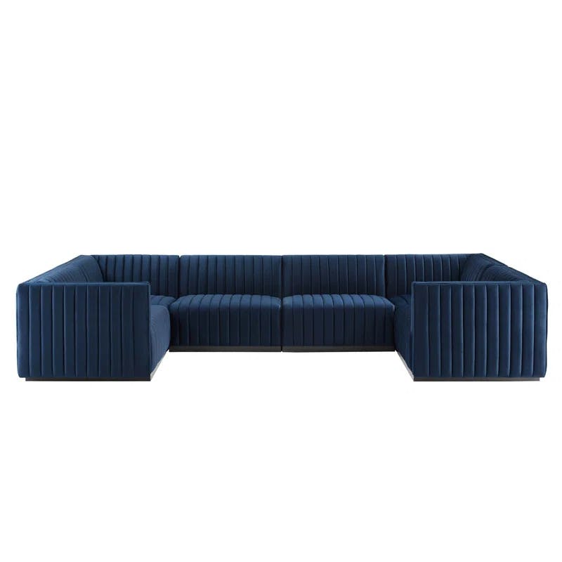 Midnight Blue Velvet 6-Piece Sectional with Channel Tufting and Wood Base