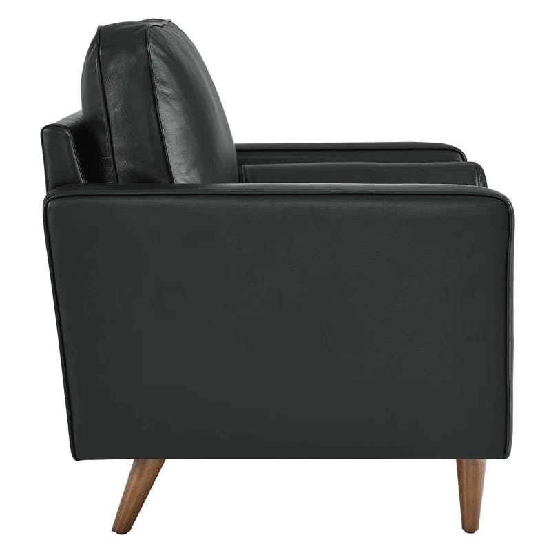 Mid-Century Biscuit Tufted Leather Accent Chair in Black