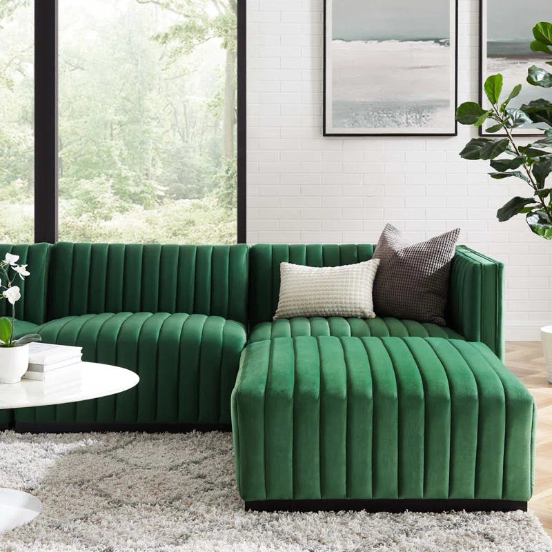 Emerald Velvet Tufted 4-Piece Sectional with Ottoman in Black