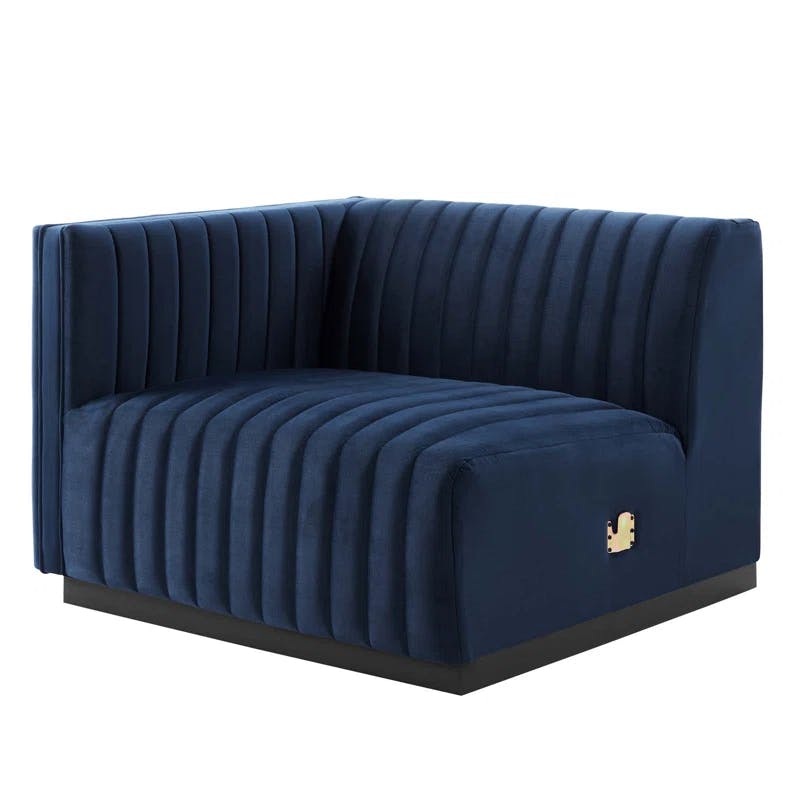 Midnight Blue Velvet 6-Piece Sectional with Channel Tufting and Wood Base