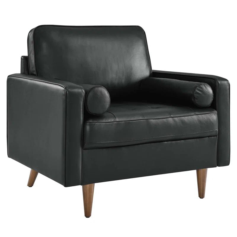 Mid-Century Biscuit Tufted Leather Accent Chair in Black
