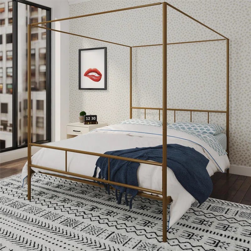 Elegant Gold Queen Metal Canopy Bed with Sophisticated Headboard