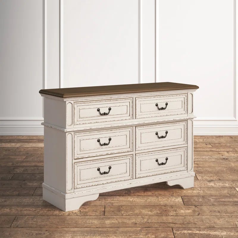 Cottage Charm White & Mahogany 6-Drawer Dresser with Mirror