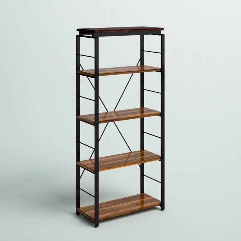 Industrial Oak Brown Bookshelf with Open Metal Frame and X-Shape Support
