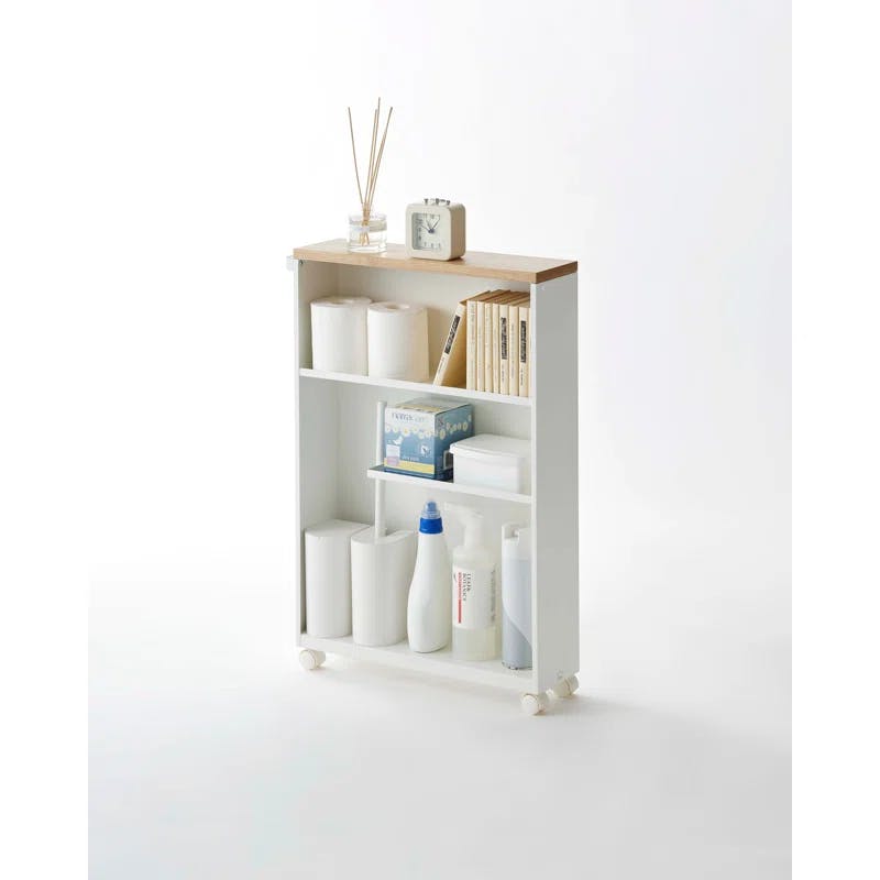Slim White Wood Adjustable Rolling Bathroom Storage Cart