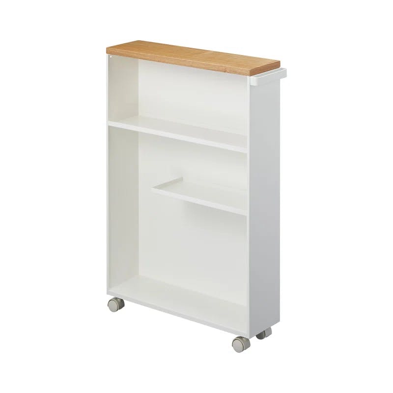 Slim White Wood Adjustable Rolling Bathroom Storage Cart