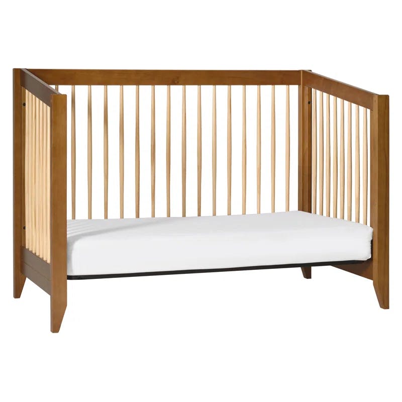 Chestnut and Natural Mid-Century Modern Convertible Crib