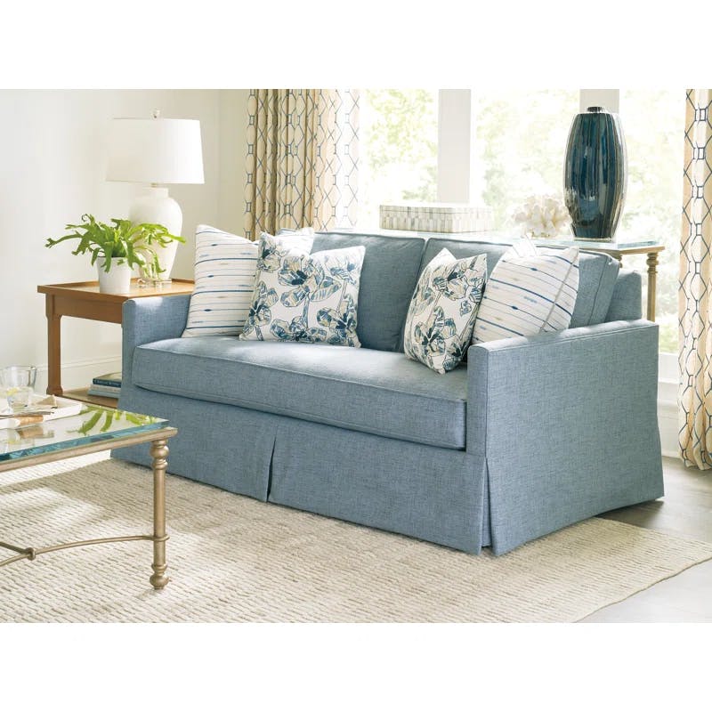 Elegant Blue Polyester Loveseat with Down Fill and Kickpleat Skirt