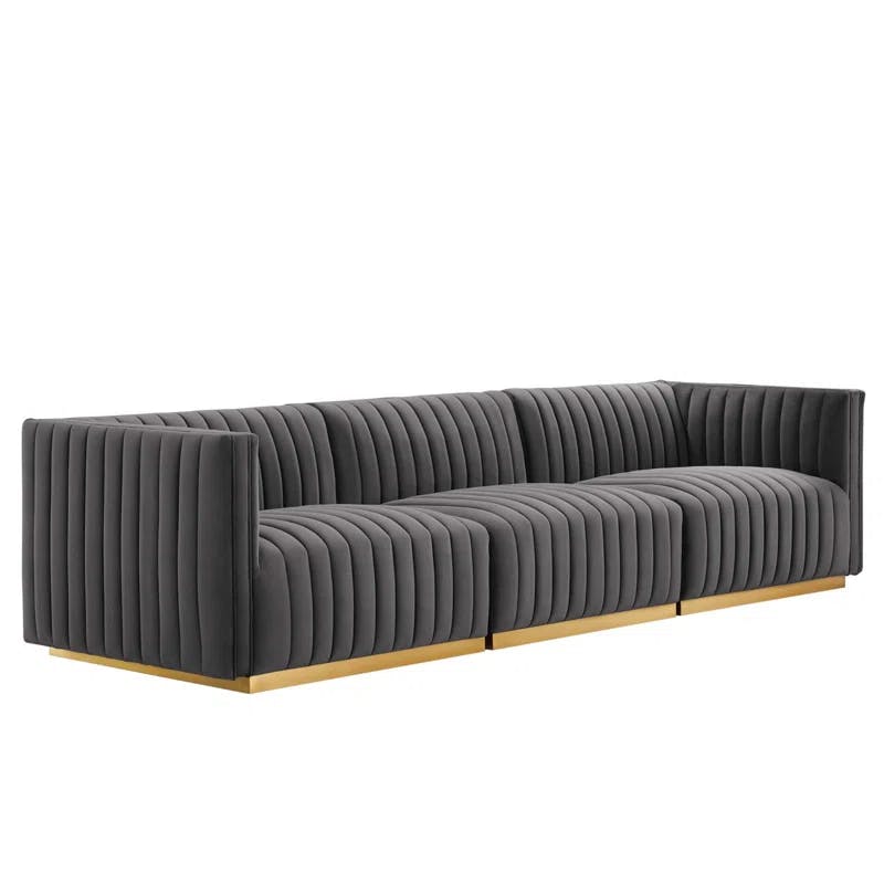 Elegant Gold Gray Velvet Tufted Sofa with Brushed Gold Base