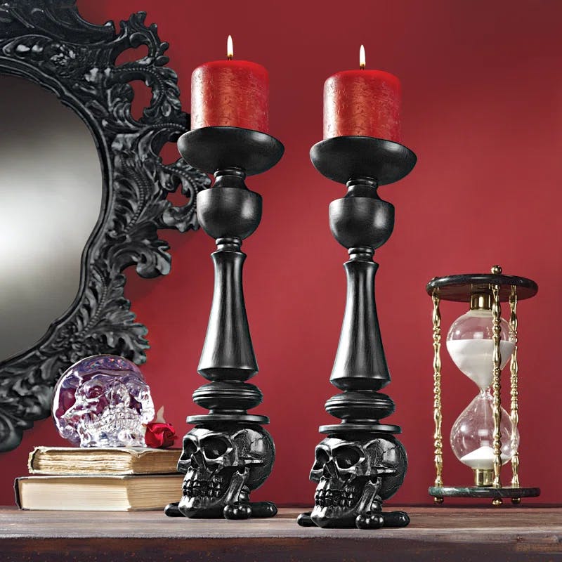 Eerie Elegance 14'' Skull and Bones Tabletop Candlestick Set