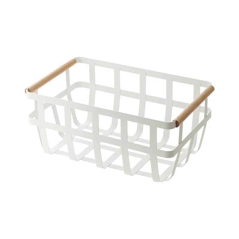Tosca White Steel and Natural Wood Dual-Handle Storage Basket