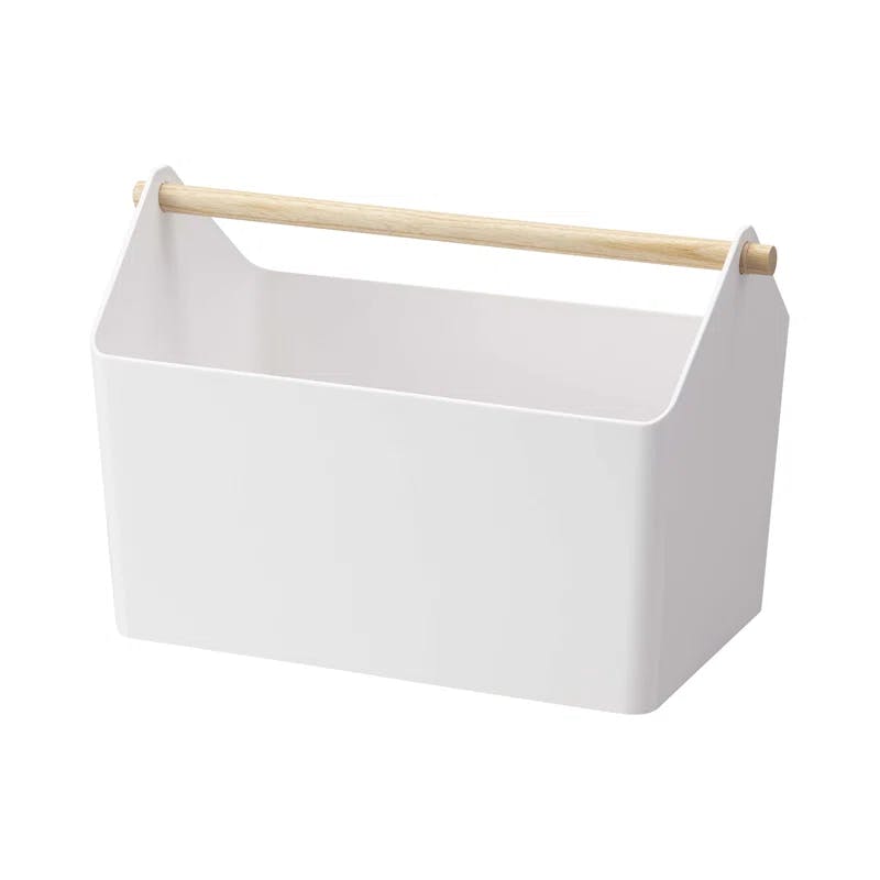 Modern White Plastic Storage Caddy with Sleek Wood Handle