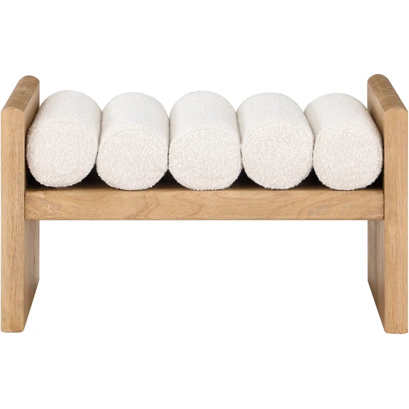 H-Shaped Solid Rubberwood Bench with Cream Boucle Cushions