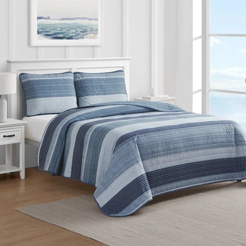 Coastal Stripe Twin Cotton Quilt Set with Reversible Design - Blue