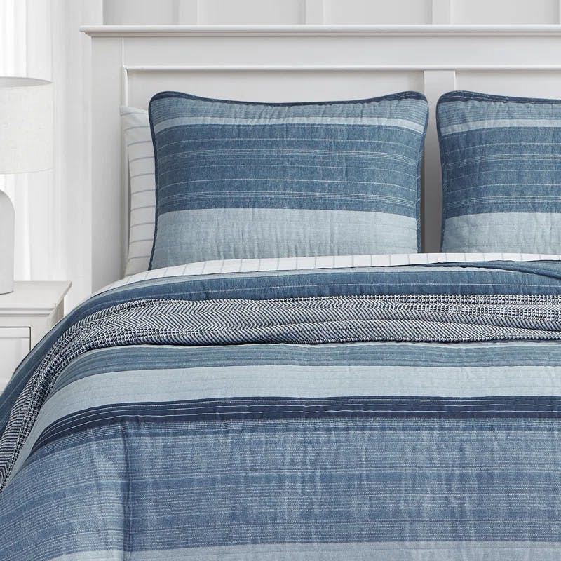 Coastal Stripe Twin Cotton Quilt Set with Reversible Design - Blue