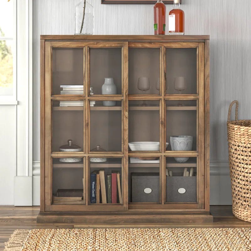 Transitional Oak 3-Tier 38" Bookcase with Sliding Glass Doors