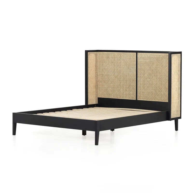 Elegant Ebony and Cane Queen Panel Bed with Wingback Headboard