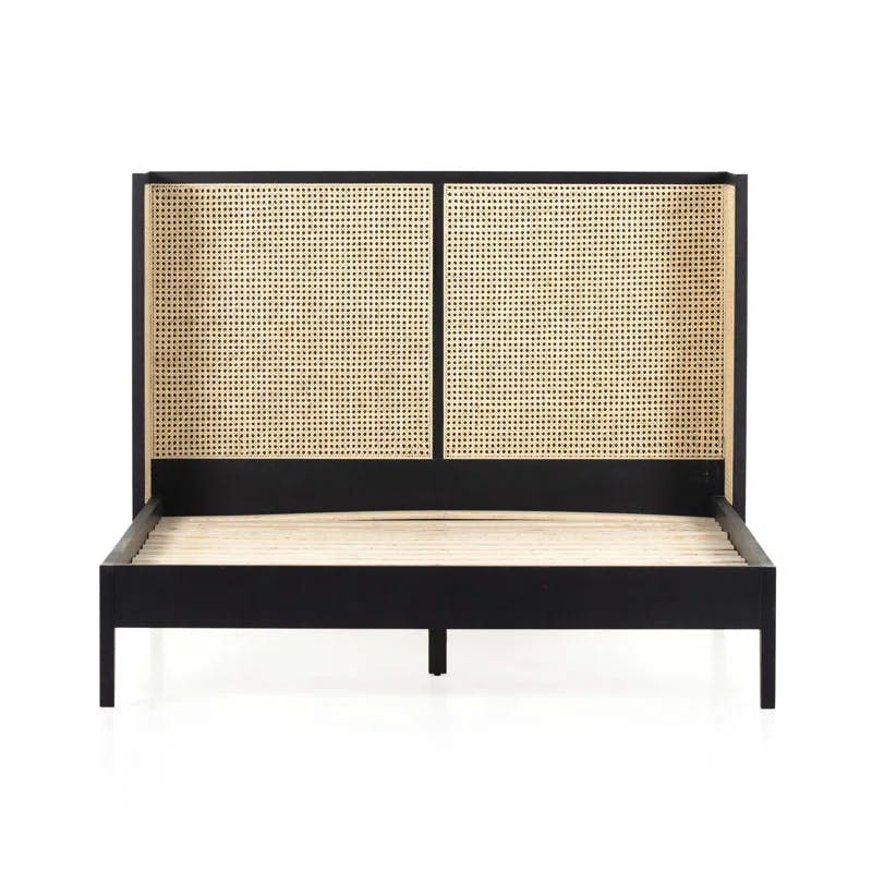 Elegant Ebony and Cane Queen Panel Bed with Wingback Headboard