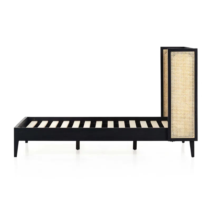 Contemporary Ebony & Yellow King Panel Bed with Tufted Cane Headboard