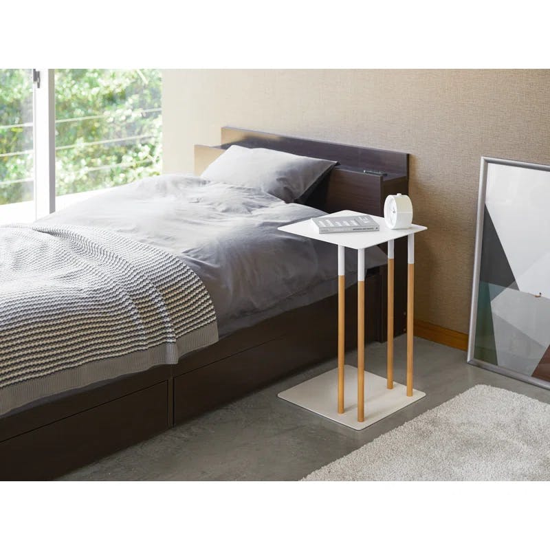 Sleek White Metal and Wood C-Shaped Sofa Side Table