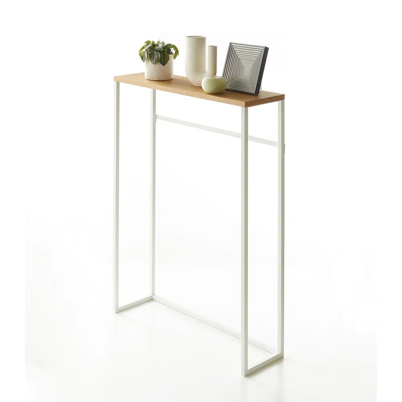 Slim White Metal & Wood Console Table with Storage Hooks