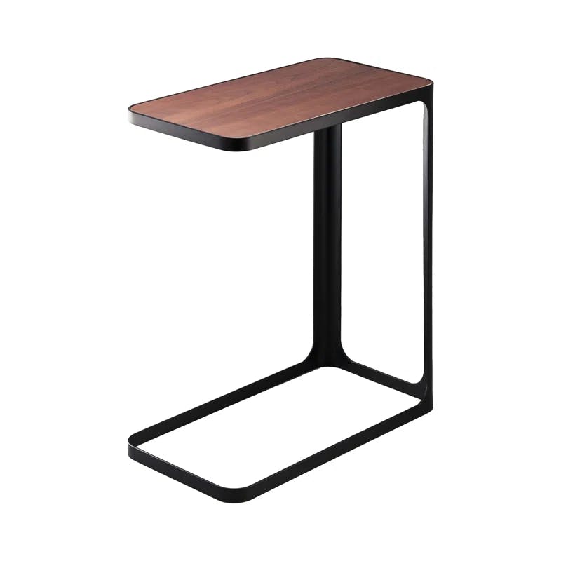 Compact C-Shaped Slim End Table with Metal Frame and Wood Top