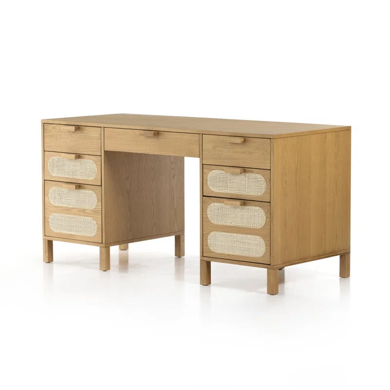Allegra Honey Oak Executive Desk with Cane Paneling and Cord Management