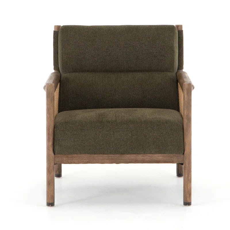 Chenille Olive Green Accent Chair with Rattan Inlay and Wooden Frame
