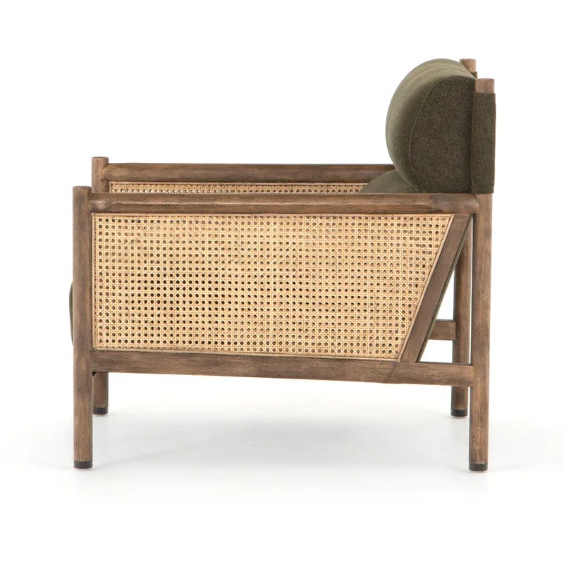 Chenille Olive Green Accent Chair with Rattan Inlay and Wooden Frame
