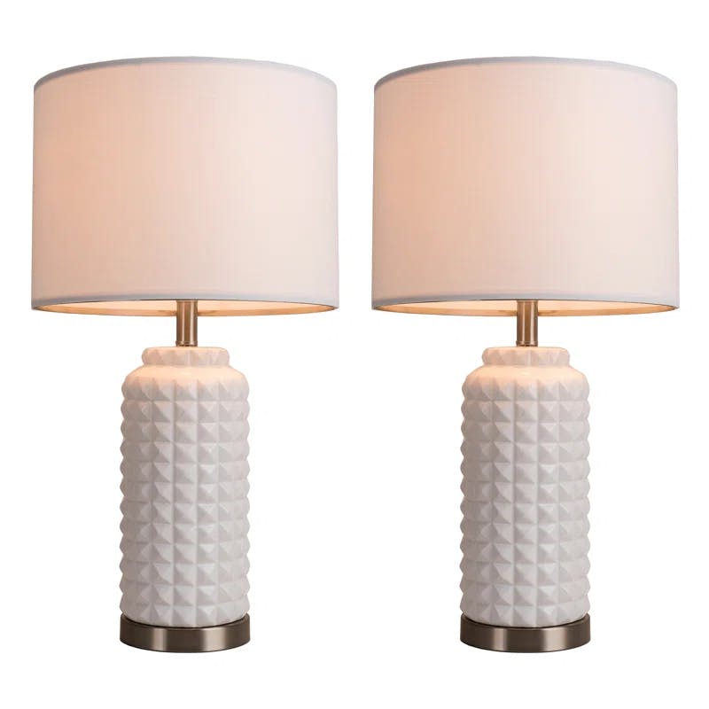Set of 2 Modern White Ceramic Bedside Table Lamps with Linen Shade