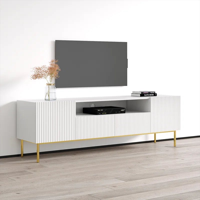 Nicole Matte White 75" Mid-Century Modern Media Console with Cabinets