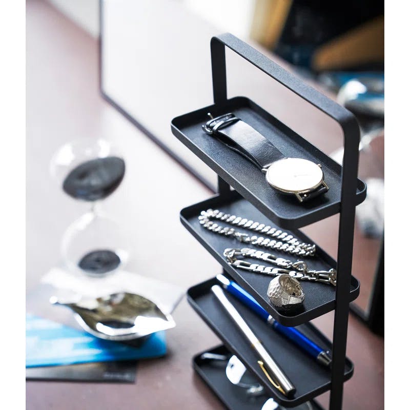 Sleek 4-Tier Black Steel Jewelry & Accessory Organizer Tray