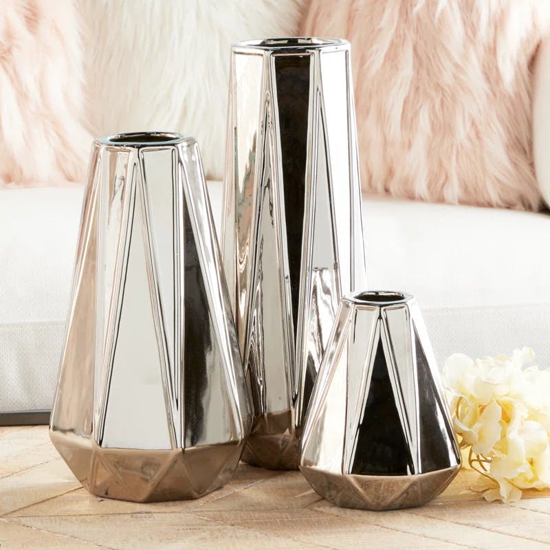Elegant Silver Ceramic Geometric Vase Trio, 13" 11" 6" Set