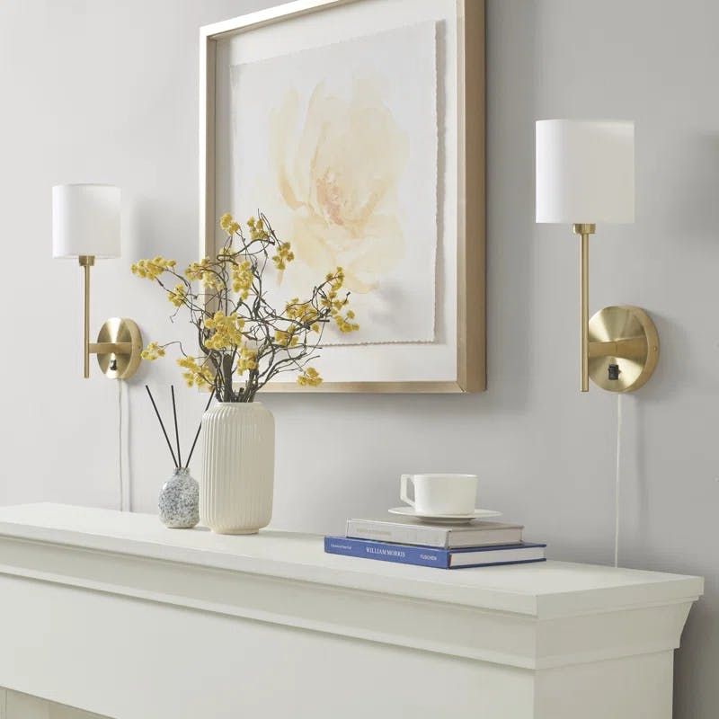 Elegant Gold Metal Wall Sconce with Cream Cylinder Shade - Set of 2