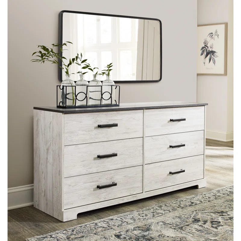 Transitional Whitewash & Gray 59" Industrial 6-Drawer Dresser