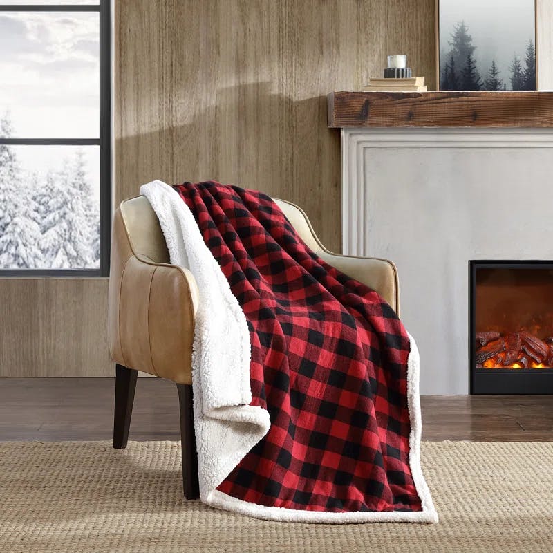 Cabin Plaid Red Fleece & Cotton Sherpa Reversible Throw Blanket