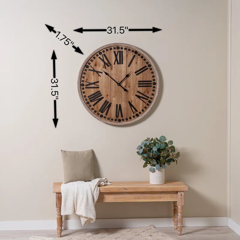 Vintage Firwood and MDF Oversized Wall Clock with Roman Numerals
