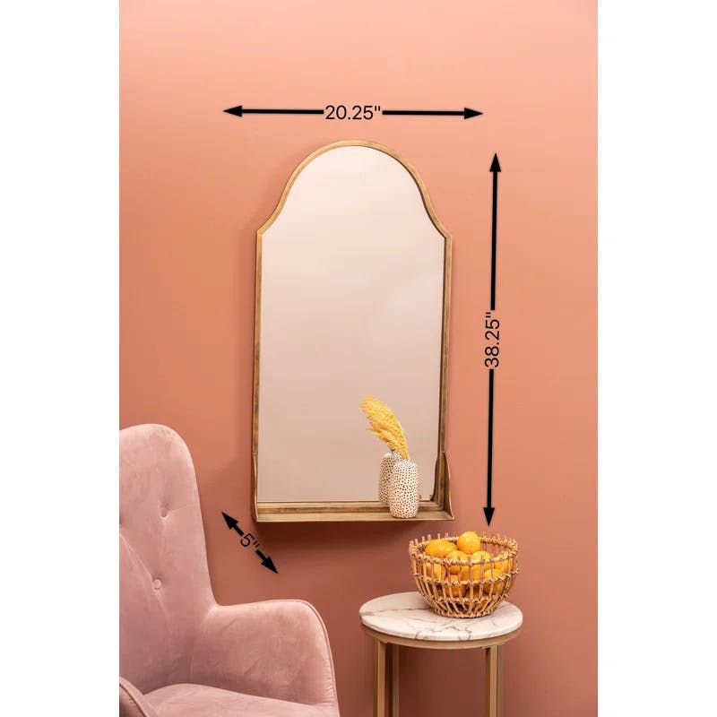 Arched Antique Bronze Wall Mirror with Built-In Wood Shelf
