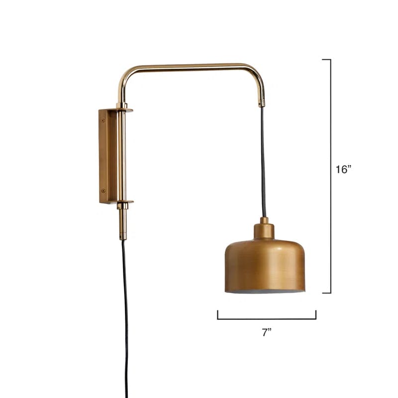 Satin Brass Adjustable Swing Arm Sconce with Dimmable Gold Shade