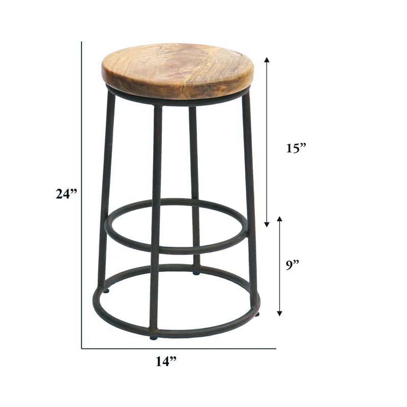 Circular Mango Wood and Iron 24'' Counter Stool in Brown and Black